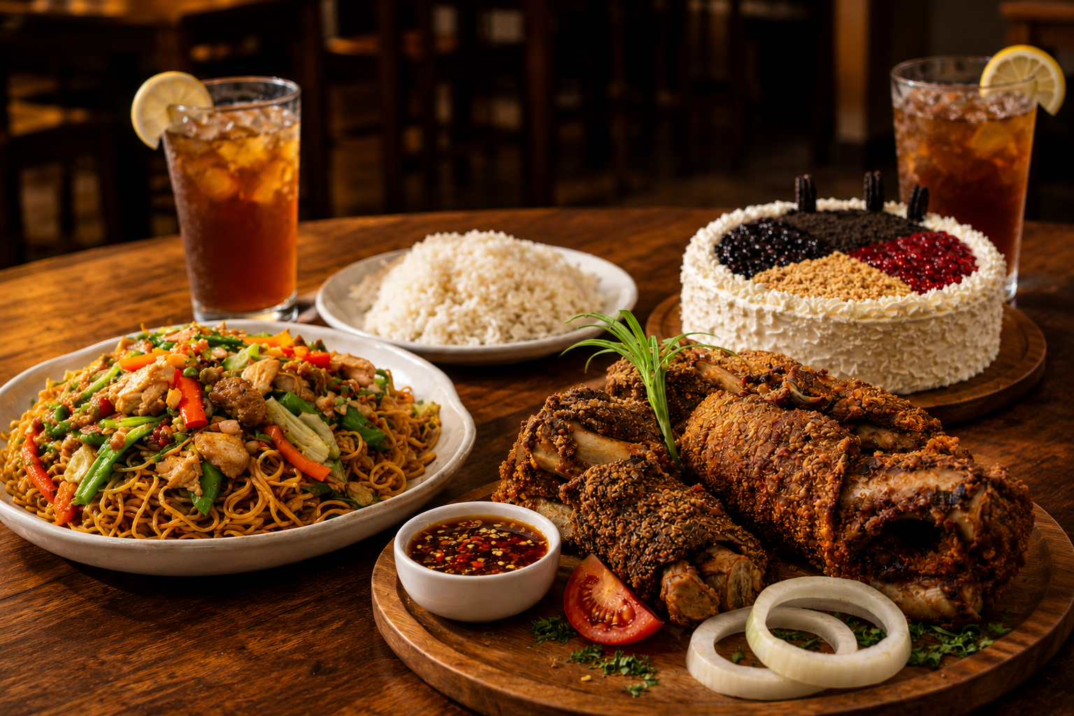 Family restaurant meals at Jewel Cafe and Restaurant in Barretto Olongapo. Family meal with ribs, pancit, rice, cake, and iced tea at Jewel Cafe and Restaurant in Barretto, Olongapo